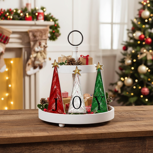 Set di 3 Piccole Stelle in Legno Dorato con Scritta 'JOY', Decorazioni per Albero di Natale e Vassoi a Più Livelli in Stile Rustico - Product Image 3