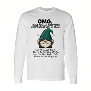 T-shirt a maniche lunghe con stampa digitale, design divertente a tema cervello di gnomo, girocollo unisex, abbigliamento casual per adulti - Product Image 3