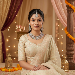 <b>Gold</b> Plated Alloy Pearl Bridal Shadow Choker Necklace <b>Set</b> Earrings Maang Tikka Ethnic Handmade High Quality Latest Designed Gift - Product Image 3