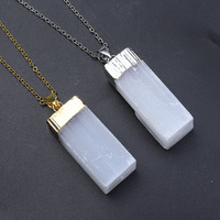 Pendentif rectangulaire en sélénite blanche naturelle du Maroc, chaîne en argent doré, collier, bijoux énergétiques en cristal de guérison