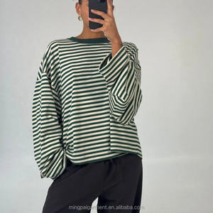 T-<span class=keywords><strong>shirt</strong></span> décontracté surdimensionné à col rond rayé et blocs de couleur pour <span class=keywords><strong>femme</strong></span>, coupe ample, épaules tombantes, style streetwear - Product Image 4