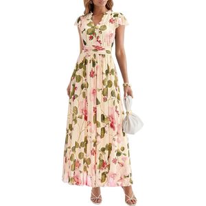 Womens Summer Floral Print Chiffon <b>Dress</b> V Neck <b>Flutter</b> <b>Sleeve</b> A Line Flowy Long Beach Vacation <b>Dress</b> - Product Image 1