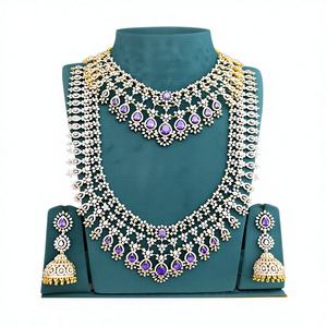 Ensemble collier et boucles d'oreilles longs en zircon plaqué or de haute qualité, finition GJ, design attrayant, pour les mariages et les fêtes, pour femmes - Product Image 1