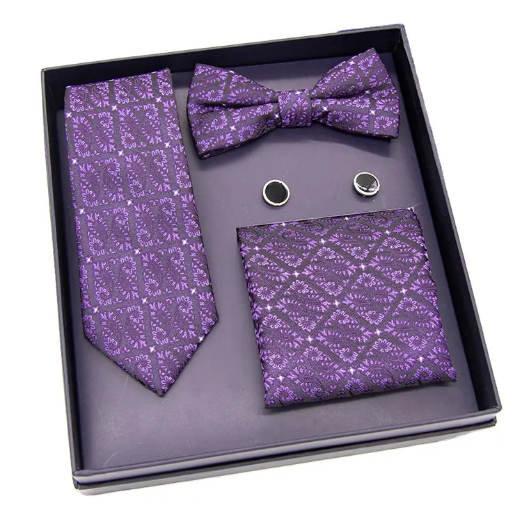 Deep purple Geometric Print pocket scarf 100% Silk Handmade Mens Wholesale Fashion Neck Tie Sets with Box