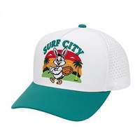 Casquette de baseball bicolore blanc et turquoise respirante, perforée au laser, 5 panneaux, pour sports de plein air et golf, avec logo graphique personnalisé
