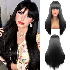 Perruque Addams noire décolorée, <span class=keywords><strong>cheveux</strong></span> raides <span class=keywords><strong>mi</strong></span>-longs de 26 pouces, personnage de l'horreur d'Halloween, perruque en fibre chimique pour femmes, <span class=keywords><strong>frange</strong></span> - Product Image 1