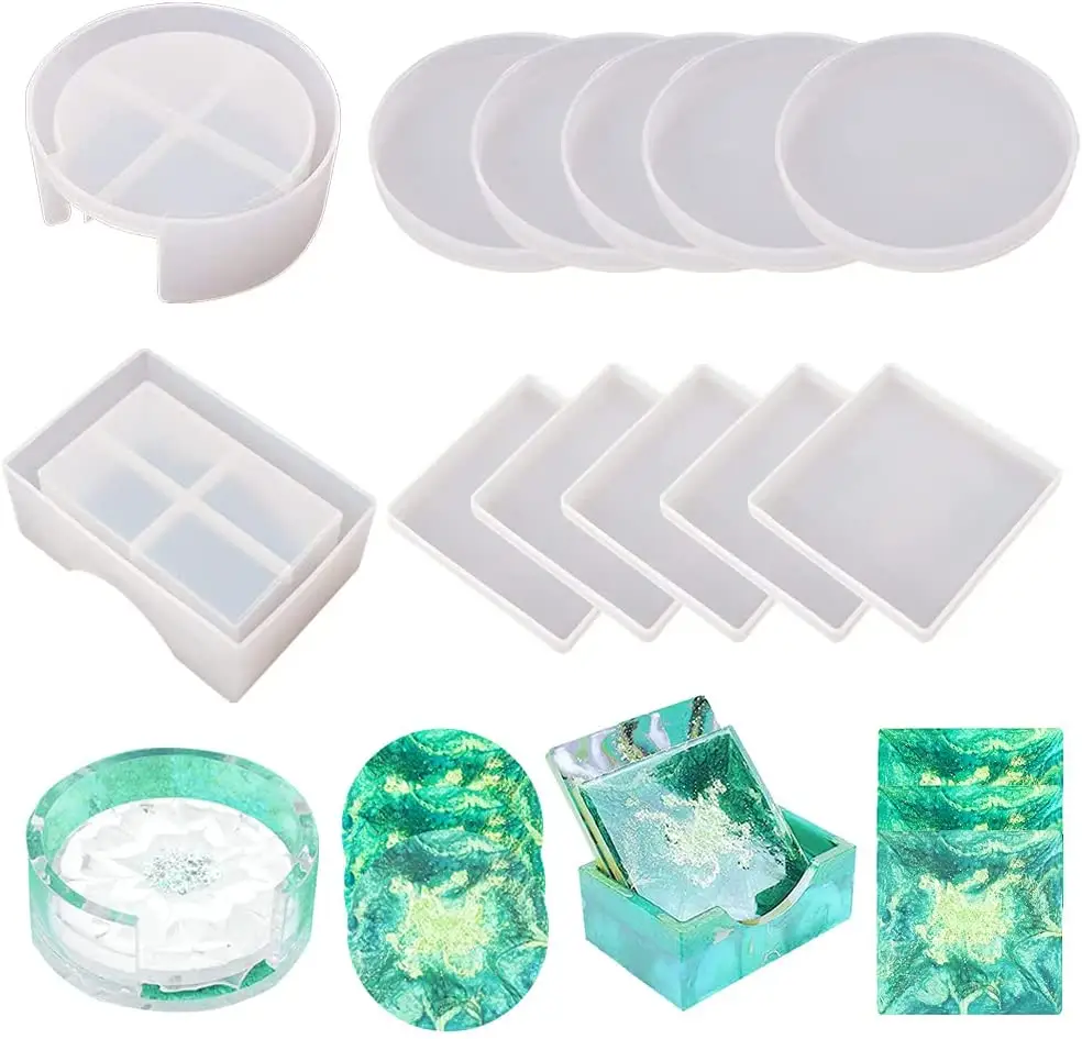 4PCS drink Coaster set Silicone Molds with holder Epoxy Resin Storage Box Mold for DIY Resin