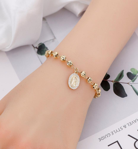 FN7017 Rosario de Oro Laminado Tricolor con Cuentas y Dijes de la Virgen María y Cruz, Collar de Oro de 14k, Joyería Católica al Por Mayor de China - Product Image 5