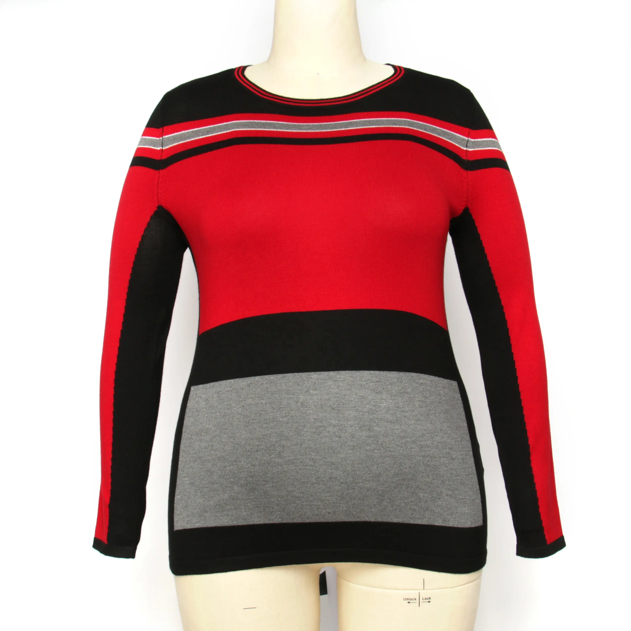 OEM Plus Size Sweater Supplier Casual Ladies Sweater Custom Black Red Long Sleeve Button Striped Knitted Oversize Sweater Women