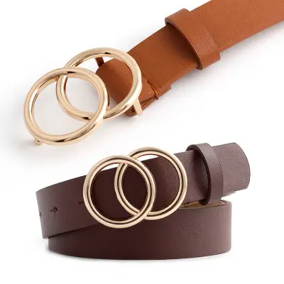 Double Ring Circle Buckle Women Dress Jeans Waist Belts New Design High Quality Leather Belt