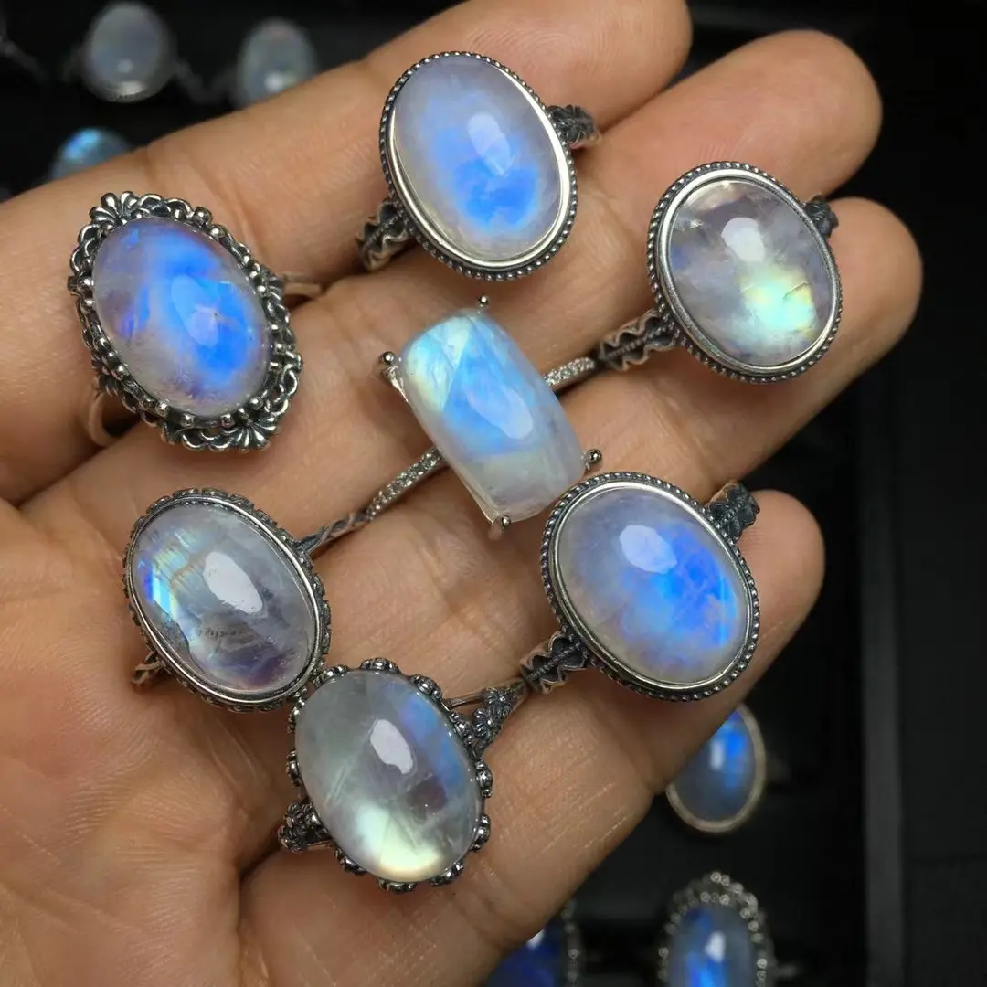 925 Sterling Zilveren Mode Healing Kristal Edelsteen Blauwe Maansteen Ring Voor Vrouwen Sieraden