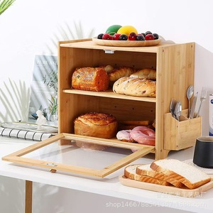Caja de pan de madera para escritorio, doble capa, gran capacidad, almacenamiento de madera maciza con tapa de madera para pasteles y tostadas - Product Image 2
