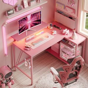 Escritorio de <span class=keywords><strong>Computadora</strong></span> en Forma de L de Fibra de Carbono Rosa con 42 Estantes de Almacenamiento Reversibles LED, Escritorio de Madera para Oficina, Dormitorio, Esquina Pequeña, Juegos - Product Image 5