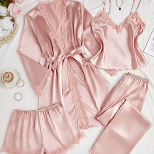 Set Pigiama Elegante da Donna in Raso a 4 Pezzi con Bordi in Pizzo, Colletto Senza Spalline, Asciugatura Rapida, Traspirante e Morbido per l'<span class=keywords><strong>Estate</strong></span> - Product Image 1