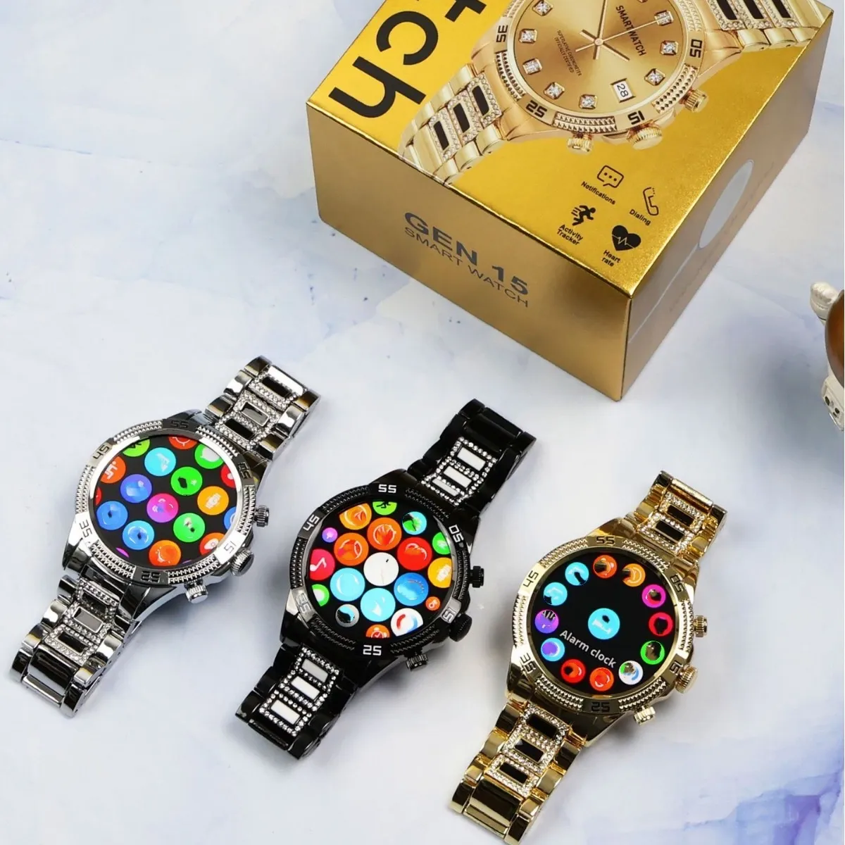 2024 Smart Watch Gen 15 Gouden Luxe Ronde Touchscreen Smartwatch Bt Call Gen15 Fashion Fitness Tracker Reloj Inteligente Gen 15