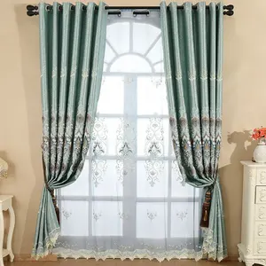 New smooth faux silk thick cheap blue and beige ring top grommet nice luxury embroidery panel curtain for the living room