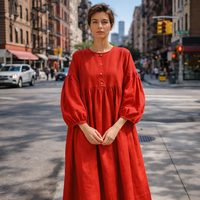 Robe ample à manches longues en lin rouge sur mesure pour femmes, décontractée, élégante et tendance
