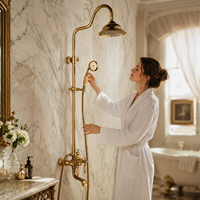Ensemble de douche en laiton de luxe finition or antique, avec pommeau de douche pluie cloche, poignée en céramique et douchette téléphonique, vente en gros