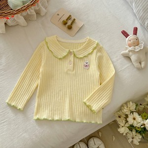 Cute Baby Girls Long Sleeve T-Shirt Spring Autumn Breathable Ribbed Collar Top With Rabbit Applique Casual Base Layer - Product Image 3