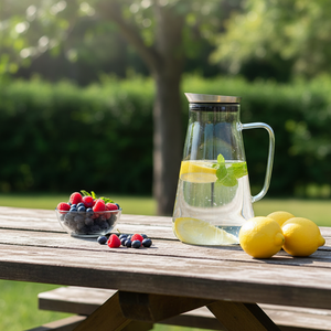 <span class=keywords><strong>Carafe</strong></span> en verre borosilicate de 2 L de conception européenne, fabriquée à la main, avec couvercle en acier inoxydable, sans <span class=keywords><strong>plomb</strong></span>, résistante à la chaleur, écologique et portable - Product Image 1