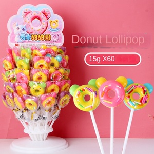 Aperitivos de ocio para niños-Donut Lollipop Shelf Fruit Candy Cantimplora Caja completa Lote recubierto Sabor afrutado Textura dura al por mayor - Product Image 1
