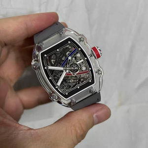 Reloj Automático de Cristal Transparente de Alta Calidad 6702 con Correa de Goma Gris - Product Image 1