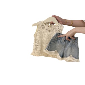 Tongxingyuan Girls Summer Set Hollow-out Vest Denim Shorts Cotton Two-Piece Children Outfits - Product Image 5