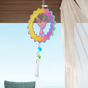 3D Rotating Beija-flor Vento Spinner Cristal Suncatcher Feng Shui Sorte Pendurado Wind Chimes Catcher Decoração do jardim Bird Deterrent