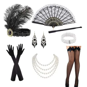 1920 ผู้หญิง Flapper ชุดขนนกแถบคาดศีรษะ Vintage สร้อยคอมุกต่างหูถุงมือ Gatsby เครื่องแต่งกายอุปกรณ์เสริม