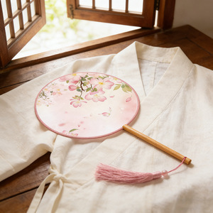 Round fan, antique fan, children's dance fan, summer semi-transparent long handle, girls' ancient costume, Hanfu, cheongsam, - Product Image 4