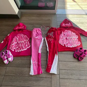 Новая модель с логотипом на заказ, расклешенный объемный принт, доступная тренировочная одежда и одежда для бега, спортивные костюмы для мужчин, розовый спортивный костюм для мужчин