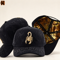 Casquette de baseball noire avec logo personnalisé, emblème de scorpion doré, broderie en strass, chapeau streetwear unisexe, vente en gros de casquettes