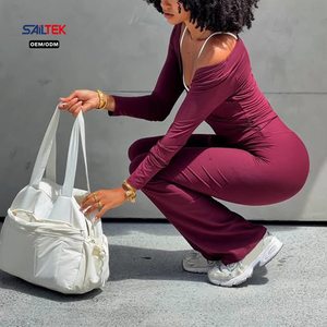 Ensemble de <span class=keywords><strong>yoga</strong></span> deux pièces côtelé doux pour femme : soutien-gorge de <span class=keywords><strong>yoga</strong></span> à biais contrastant et pantalon évasé taille haute, tenue de sport ajustée - Product Image 6