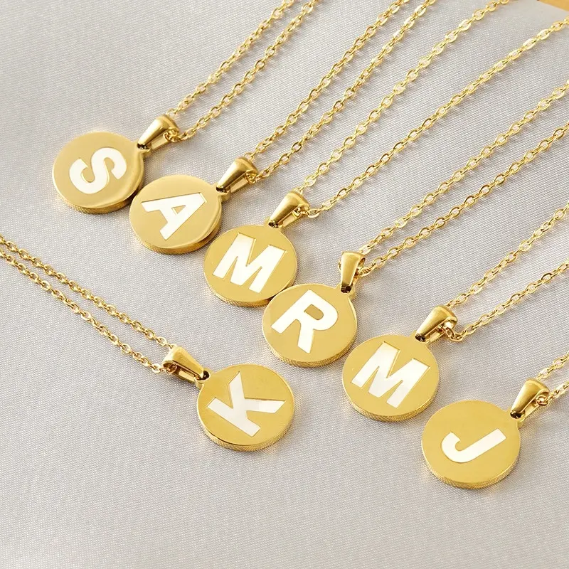 Minimalist Women 18K Gold Coin Necklace White Shell Inlay Stainless Steel 26 Letter Pendant Alphabet Initial Necklace