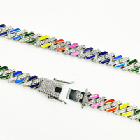 Collier chaîne cubaine losange arc-en-ciel de luxe 10 mm, fermoir en strass glacé, bijoux hip-hop en alliage de zinc pour hommes, style rappeurs