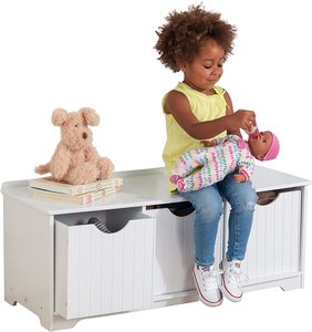 White storage bench with three deep shelves for storing books toys wooden toy cabinet for children