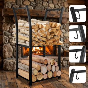 Modern Steel <b>Log</b> <b>Holder</b> with Hooks for Firewood Storage Rectangle Powder Coated Finish - Product Image 1