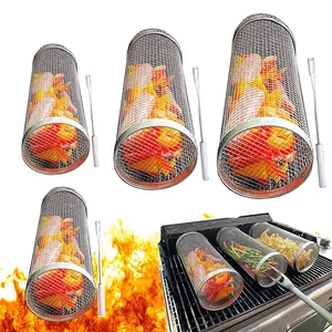 Barbecue Rack Cooking Grill Outdoor Rolling Grilling Stainless BBQ Basket Family Camping Picnic Cylindrical BBQ Grill