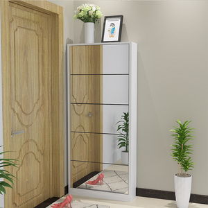 Maison moderne en bois avec miroir économiseur d'espace mince armoire à chaussures simple étagère à chaussures avec portes en verre - Product Image 5