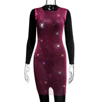 Robe sexy en résille avec grille en strass brillant Robe sans manches à col en O et fente latérale creuse Robe de plage respirante pour femme