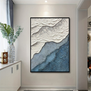 Vẽ tay lớn 3D kết cấu tường ven biển nghệ thuật bãi biển màu xanh trừu tượng vải sơn đóng khung trang trí nhà dầu cho những người đam mê sóng - Product Image 6