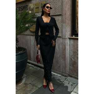 Vestido de Noche Elegante Ferry Pearl, Cuello en V, Tejido de Punto, Manga Larga con Perlas, Color Negro - Product Image 4