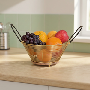 Panier à fruits minimaliste en métal avec poignées, conteneur de rangement en aluminium pour la présentation des aliments dans la cuisine, forme polygonale, design durable - Product Image 6