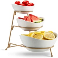 Keramische fruitschaal 3-laags ovale schaalset met metalen rek, Habilife drie keramische fruitschalen serveerstandaard met lagen