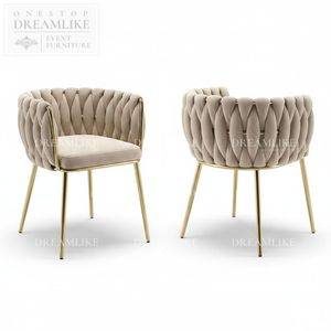 Chaise d'événement haut de gamme en velours beige tressé avec dossier en acier inoxydable doré pour mariage, banquet, location, mobilier d'hôtel, vente en gros - Product Image 1