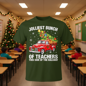 Camiseta navideña con diseño de camión rojo de Jolliest Bunch Of Teachers para regalo navideño - Product Image 3