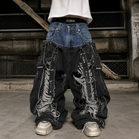 DiZNEW Jeans Baggy Gothique pour Homme, Coupe Large, Multi-Sangles, Effet Délavé, Denim Lourd, Style Darkwear, OEM