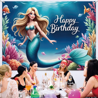 Bannière murale de décoration de fête d'anniversaire personnalisée 82x59in grande bannière d'image de fête d'anniversaire de sirène pour décorations de toile de fond de fête