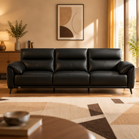 Canapé trois places moderne en cuir véritable noir, nouveau modèle 2026, mobilier compact pour petits salons, appartements et hôtels