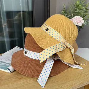 Spring Fashion Ribbon Knitted Bowl Hat Women Solid Color Sunscreen Hat